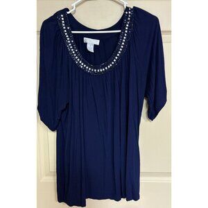 Design History Woman Navy Blue Rhine Embellished Blouse Top Plus Size 2X